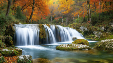 Beautiful medium size waterfall in forest, autumn season, wallpaper quality. Autumn cascade in a natural creek. Outdoor active lifestyle, hiking destination. Hiking tour during autumn. Fall colors. Be