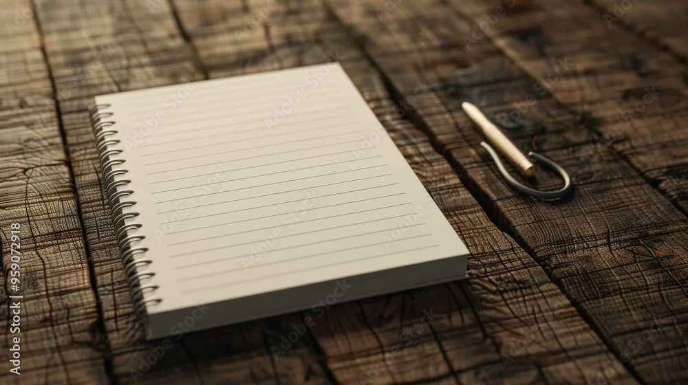Poster A simple still life scene featuring a notepad and a pair of scissors on a wooden table