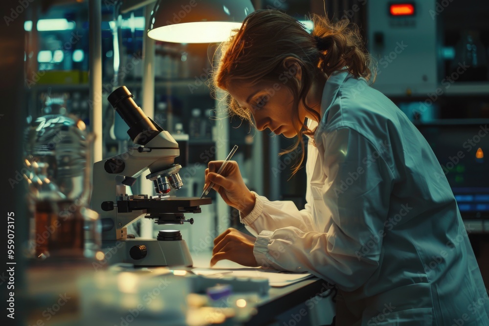 Poster a scientist looks at a microscopic slide in her laboratory, possibly analyzing a sample