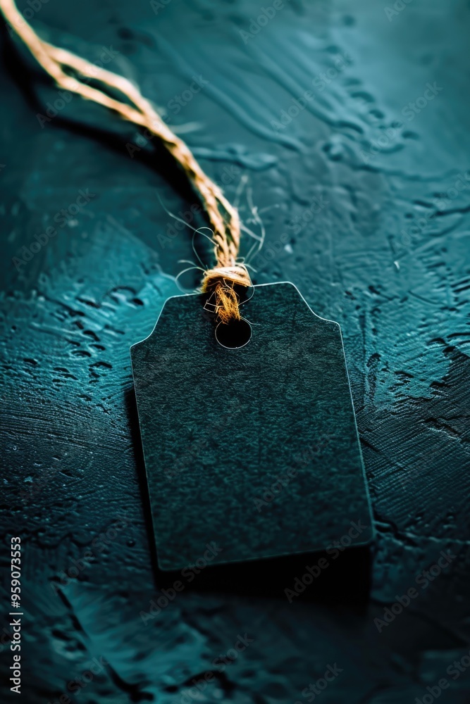 Poster A tag hanging from a string on a table, perfect for various uses