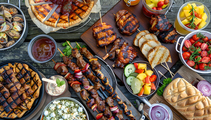 Fototapeta premium Various picnic barbeque food and drink flatlay. Summer bbq picnic food, assorted grilled meats, kebabs, vegetable, fruit salad, traditional picnic summer pie cake, sandwiches, top view copy space