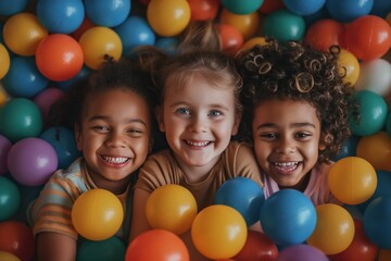 Children smiling in colorful ball pit at indoor playground for kids' recreational fun and social interaction