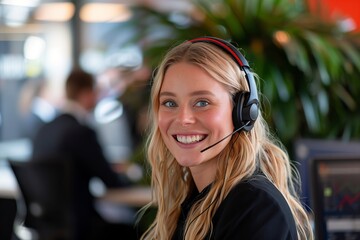 Cheerful Customer Support Professional Wearing a Headset in a Corporate Office