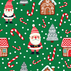 Simple vector seamless pattern for kids with Santa, Christmas tree and gingerbread houses. Christmas print for wrapping paper, Christmas cards, scrapbooking