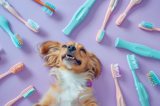 A small dog sits in front of a collection of toothbrushes, making it a great image for pet-related or dental-themed content
