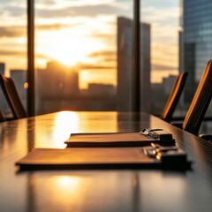 Empty conference table with documents in a high-rise office, overlooking the city skyline at sunset.