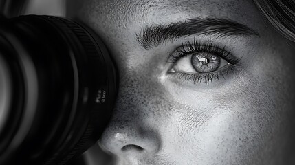 Close-up of a woman's eye looking through a camera lens.