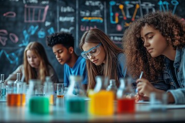 High school students conducting science experiments in a chemistry lab, analyzing colorful solutions, and recording observations for educational purposes
