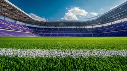 Empty soccer stadium with green grass field, white lines and purple seats under a blue sky.