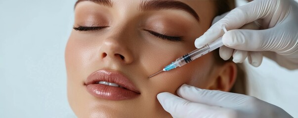 Close-up of cosmetologist hand in glove holding syringe with injection in woman's nasolabial fold area with text space on white background, banner, poster, website for advertising cosmetic procedures,