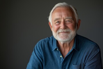 Obraz premium Senior man smiling in casual blue shirt, portrait on dark background, ideal for professional headshots, senior living campaigns, and wellness promotions