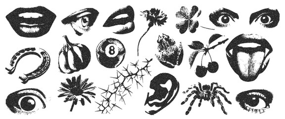 Gothic elements with retro photocopy effect for creating collages. Vector illustration of a spider, an eye, a mouth, a toad, a flower in the technique of dot texture.