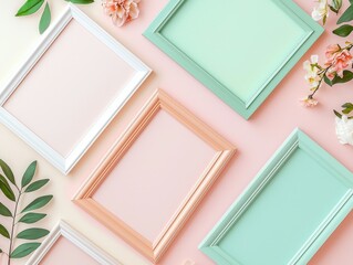 Fototapeta premium Five empty frames in various pastel colors arranged diagonally on a light pink background with greenery and flowers.