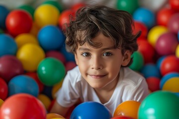 Obraz premium Smiling boy in colorful ball pit, child happiness, fun playtime, kids' amusement, indoor playground
