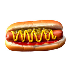 A hot dog in a soft bun, topped with mustard, ketchup, and relish, set against a transparent background .