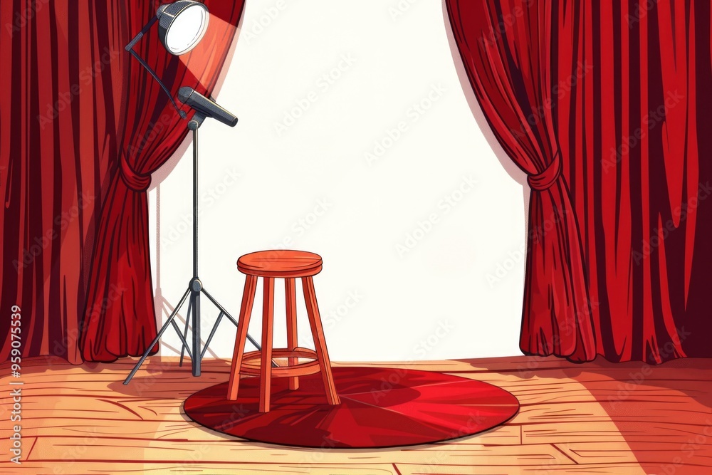 Poster a simple red stage with a stool and red curtains, perfect for small performances or presentations