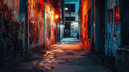 A dark alley with vibrant street art on the walls