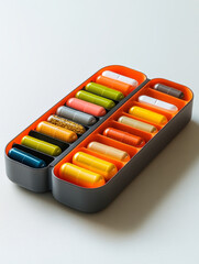 Colorful pillbox with various compartments on a white surface.