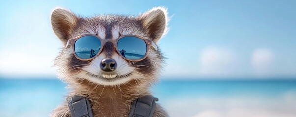 Fototapeta premium A shadowy raccoon photographer with a vintage camera and pilot sunglasses is taking pictures on the seashore.