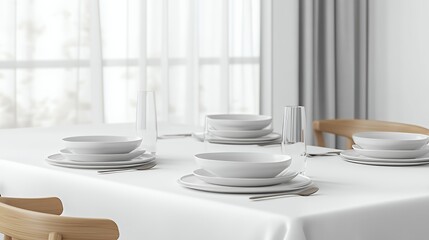 Minimalist table setting with white dishes, silverware, and glasses on a white tablecloth.