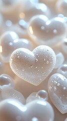 Fototapeta premium White Heart with Water Droplets in Soft Focus - A delicate white heart adorned with water droplets, surrounded by a soft blur of similar hearts in the background.