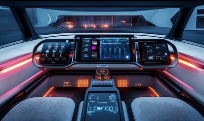 Futuristic Car Interior with Digital Displays and Orange Lighting