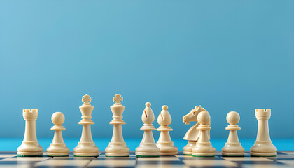Symbol of competition. Chessboard and chess pieces on a blue background