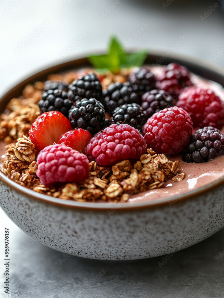 Canvas Prints A bowl of smoothie topped with berries and granola.