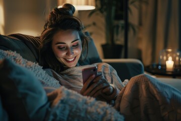Fototapeta premium A woman is seated on a couch, engaged in conversation on her cell phone