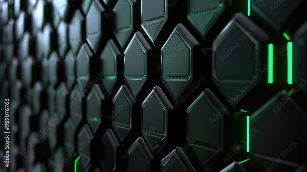 Poster a detailed view of a wall with glowing green lights, ideal for use in interior design or technology-