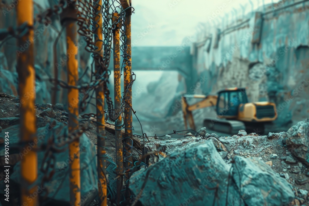 Poster a bulldozer sits behind a chain link fence, ready for use on a construction project