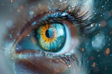 A close-up shot of a person's blue eye, with details on the eyelid and pupil