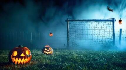 Halloween pumpkins illuminate a misty soccer field at night