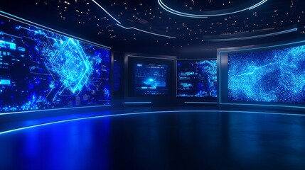 Futuristic room with glowing blue screens displaying data and digital patterns.