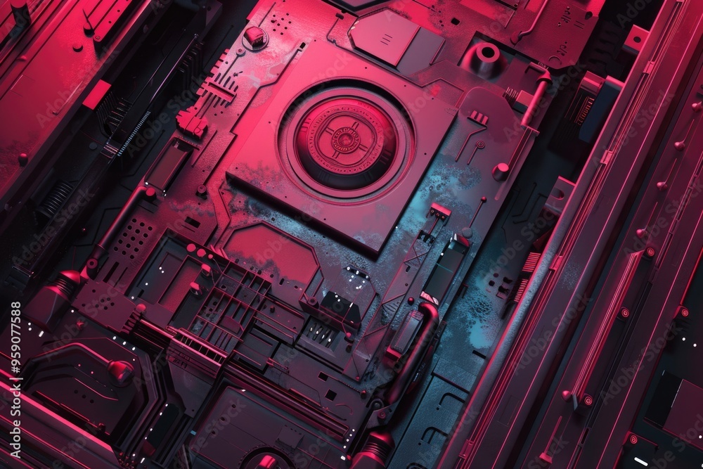 Poster a detailed view of a computer's internal components, featuring a motherboard