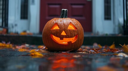 Halloween pumpkin in front of door. Residential house decorated for Halloween holiday.