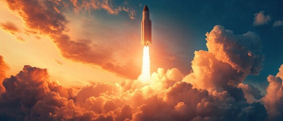 Fototapeta premium Stunning rocket launch against a vibrant sunset sky, surrounded by clouds, symbolizing innovation and exploration.