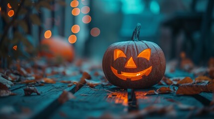 Halloween pumpkin on the table with a blurred background.