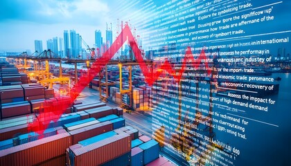 Container Port with Overlaid Red Downward Trend Line and Financial Data