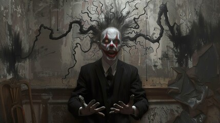 A creepy clown with a sinister grin and wild black hair sits in a dilapidated room, staring intensely at the viewer.