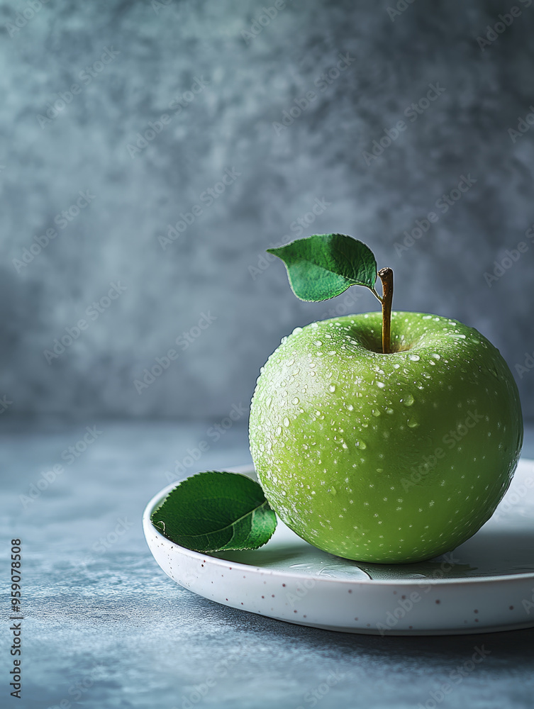 Wall mural A fresh green apple with water droplets on a plate.