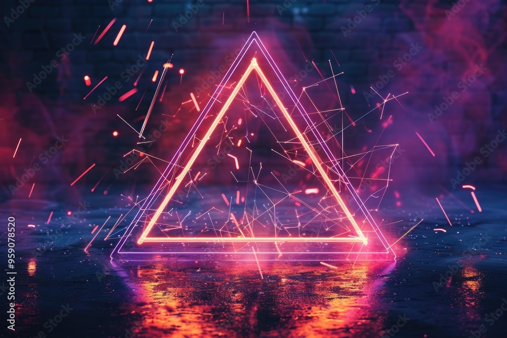 Poster A neon triangle floating on top of a puddle of water, great for representing something unique and attention-grabbing