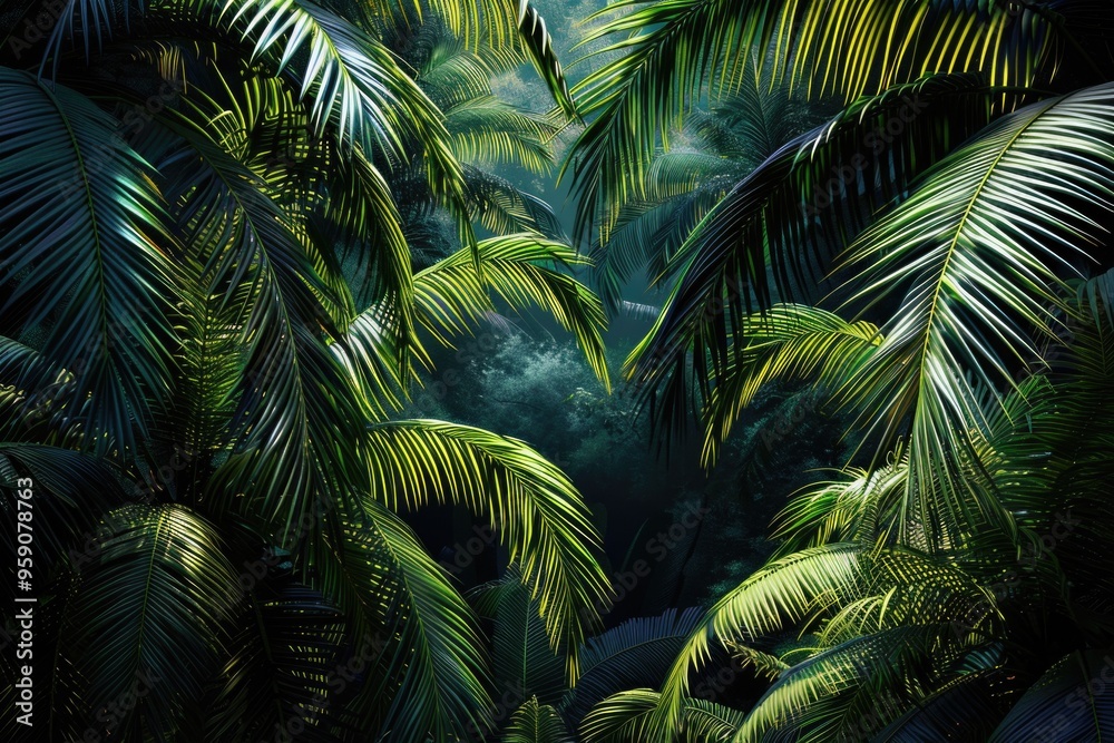 Poster a cluster of palm trees standing tall in the dense jungle foliage