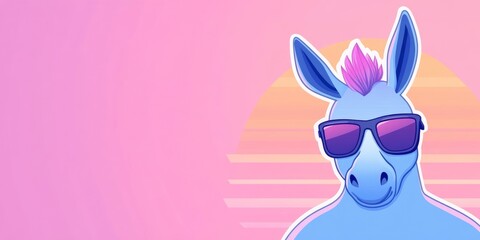Obraz premium A comical drawing of a blue donkey wearing sunglasses, yellow sun on pink background