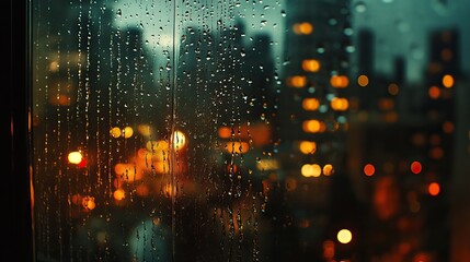 Fototapeta premium Raindrops On The Window By A Blurried City Background