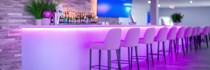 A hip bar with high back chairs and purple neon lights.