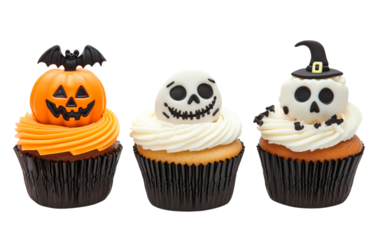 Halloween themed cupcakes with pumpkin faces, witch hat and bat isolated on white background. Festive and fun dessert for Halloween celebrations and parties - Powered by Adobe