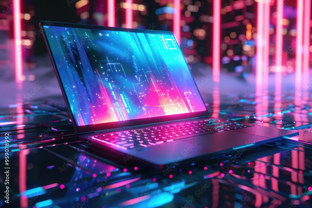 Poster a laptop computer placed on a glass table surface