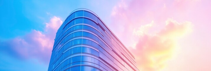 A low angle image of a skyscraper with a cloud reflection in the window, part of a future office building complex.