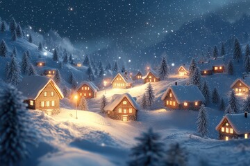 Naklejka premium Snowy Village at Night with Starry Sky